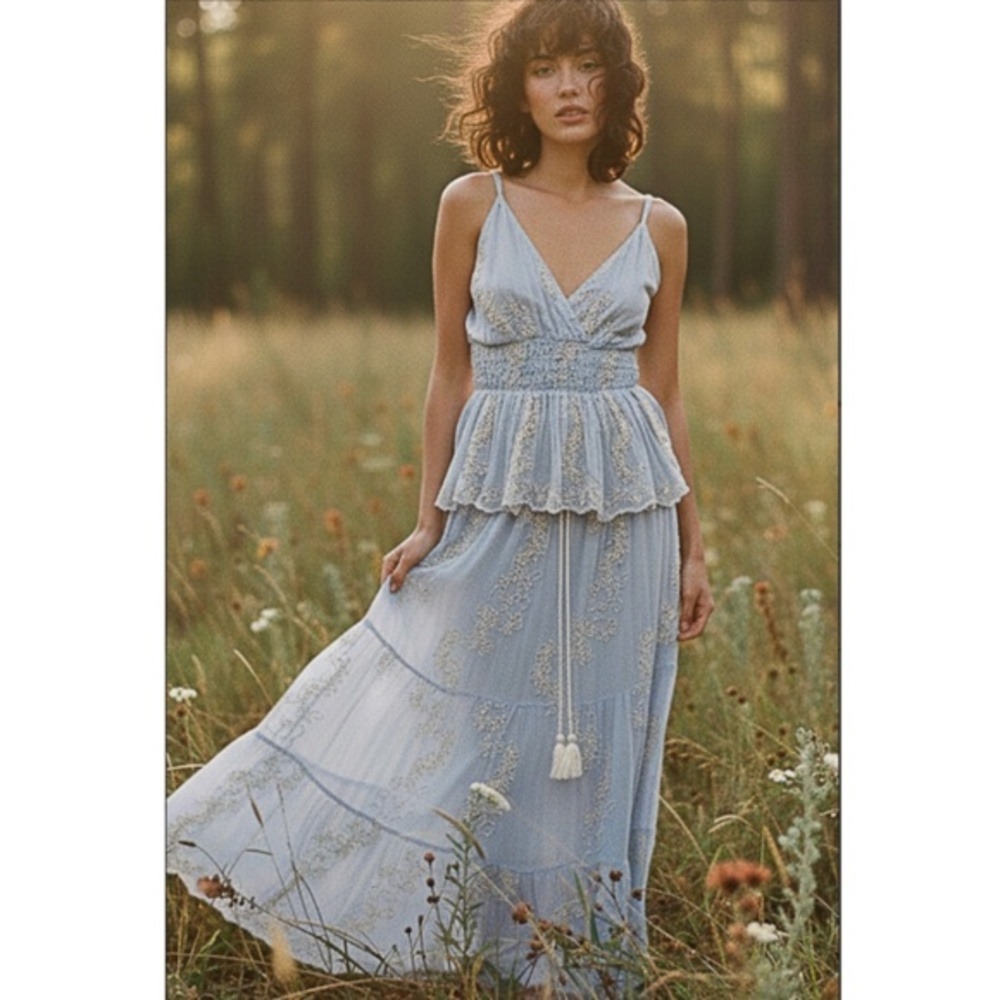 NEW POL Embroidered Maxi Skirt Blue Boho Tiered Lightweight Fairy Romantic Sz M